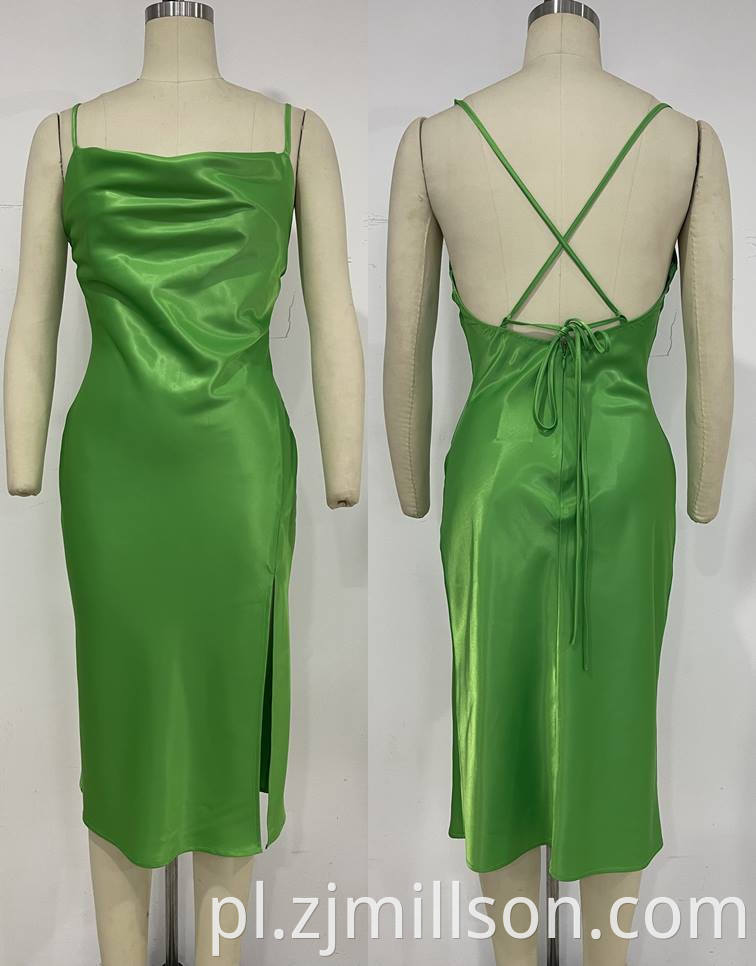 Woven Green Shoulder Staps Bottom Slit Dresses